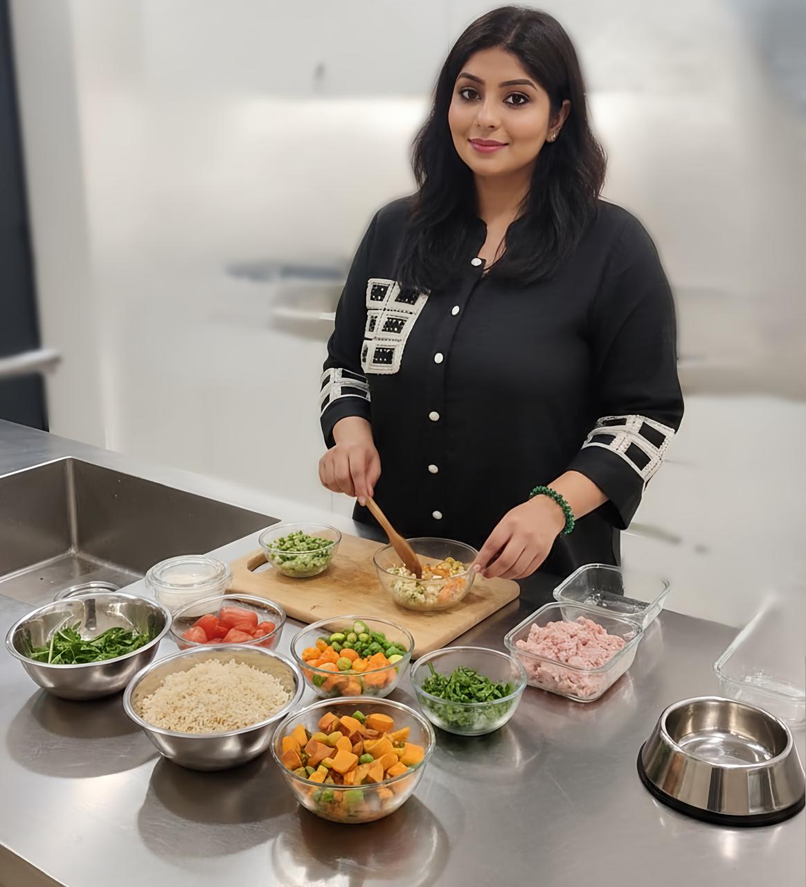 Sahana preparing fresh, customised dog meals with whole ingredients in her kitchen